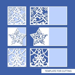 Set of New Year's greeting cards, folding in half, with a carved Christmas tree, star, snowflakes, garlands. Place for text (copy space). Template for plotter laser cutting paper. Vector illustration.
