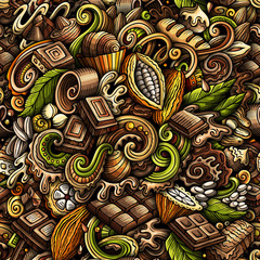 Chocolate hand drawn doodles seamless pattern. Cocoa vector illustration.