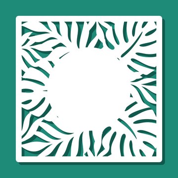 Square Frame With A Pattern Of Tropical Leaves And Copy Space In The Middle. White Object On A Green Background. Template For Laser Cutting, Metal Engraving, Wood Carving, Paper Cut. Vector Image.