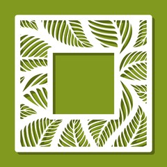 Square photo frame with floral pattern of leaves. White object on a green background. Template for laser cutting, metal engraving, wood carving, plywood, cardboard, paper cut or printing. Vector.