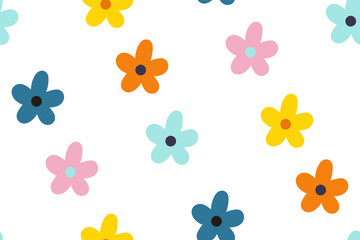 Ditsy floral background. Seamless pattern with decorative flowers in scandinavian style. Perfect for fabric, textile, nursery wallpaper. Cartoon background for Kids. Gentle, spring floral background.