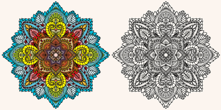 Coloring Page. Antistress Coloring Book For Adults. Mandala. Outline Drawing And Coloring Example