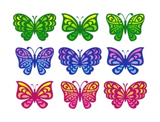 Fototapeta na wymiar Set of butterflies on a white background. The gradient pattern of the wings is yellow-green, blue-pink and red-orange. Cartoon style. Vector illustration.