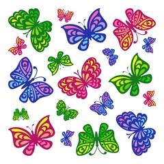 Fototapeta na wymiar Multi-colored butterflies flying in different directions on a white background. Cartoon style. Square vector illustration.