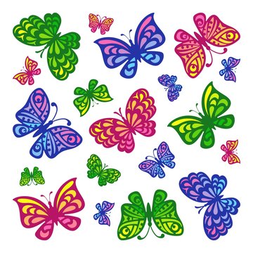 Multi-colored butterflies flying in different directions on a white background. Cartoon style. Square vector illustration.