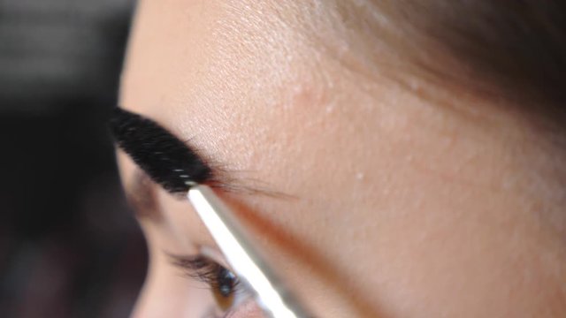 Young brown eyed girl doing makeup with mascara. Attractive woman taking care of himself painting eyebrows. Beautiful model in beauty salon. Concept of fashion and style. Slow motion Detail view