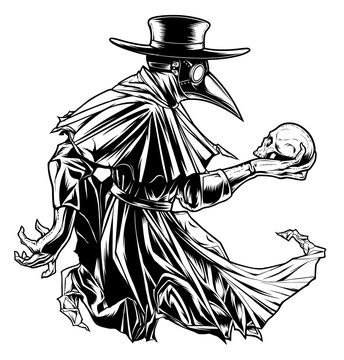 Plague doctor with skull black and white