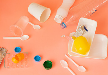 Plastic waste. Pile of empty plastic waste, pollution concept. view from above. copyspace