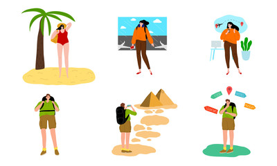 Set of people enjoying travelling and vacations vector illustration