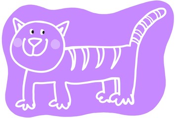 Hand drawn flat cartoon illustration of a funny cat. Isolated on a purple background.