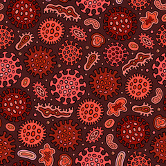 Virus and bacteria hand drawn doodles seamless pattern. Coronavirus background.