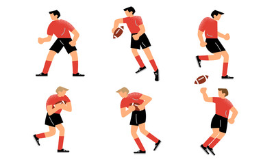 Young men in red uniform playing rugby vector illustration - obrazy, fototapety, plakaty