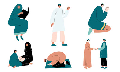 Set of muslim women and men in traditional clothing praying and greeting vector illustration