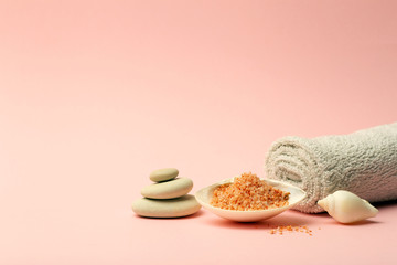 Saved the background. Pink background for spa and bath with a flyer, aromatic salt. Relaxation, massage and body care concept