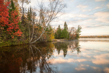 autumn Tress’s on lake shoreline. Clouds and trees reflection in water 