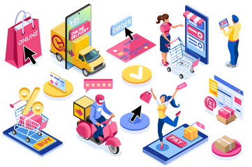 Application for pay, discount on e commerces, online discount. Cart and pay on e-shop application, e commerce cart. E-shop application with purchasing characters and text. Cartoon vector illustration.