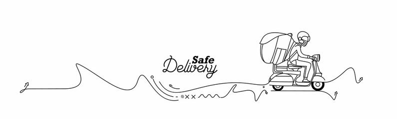 Delivery boy ride scooter delivery service , Safe Order, Fast Shipping, Flat Line Art Vector Background.