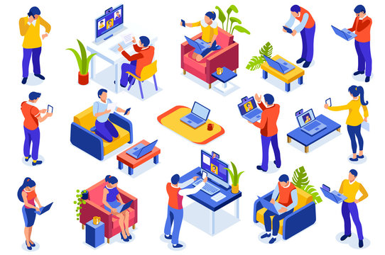 Abstract working at home concept. Young company inspiration for trendy working at home on work space studio. Stylish vector illustration in flat cartoon style. Developer teamwork shared works concepts
