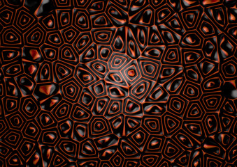 A 3D rendering of red orange black muted colors geometry polygon pattern