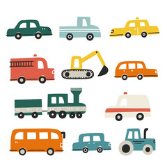 Set of different cars. Hand drawn vector illustration for kids textile design