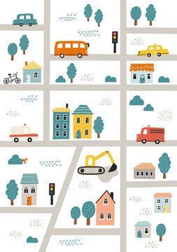 Hand drawn vector illustration. Cute town map with roads and houses for nursery wallpaper, poster, bedding
