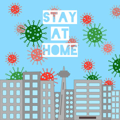 Cityscape with viruses. Stay at home concept