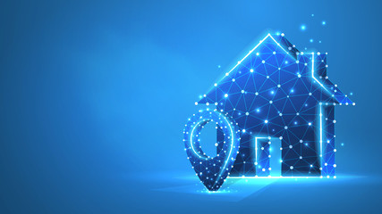 GPS Pin symbol near the house entrance. Food delivery, navigation system, location marker concept. Low poly, wireframe 3d vector illustration. Abstract polygonal img on blue neon background