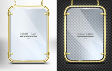 set of gold frame with glass for banner vector eps 10. Advertising space panel for text  hanging on chains on white and black background
