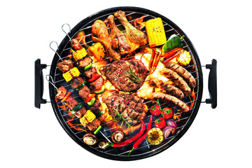 Top view of assorted delicious grilled meat with vegetables on barbecue isolated on white background