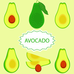 Set the avocado. Whole, cut into pieces. Avocado with a bone and without a bone. Green background. A few fruits.