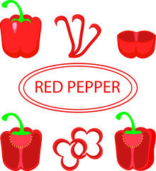 Red pepper set. Chopped pepper, slices, half. Menu design, different serving options. Pepper for a sandwich.