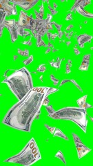 Flying dollars banknotes isolated on chromakey. Money is flying in the air. 100 US banknotes new sample. Vertical orientation. 3D illustration
