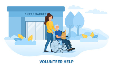 Social Volunteering concept with a young caucasian woman taking an elderly lady for a walk in a wheelchair in a park, colored vector illustration
