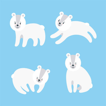 Set of cuddly polar bears for prints and patterns on textile, paper and other materials. Vector illustration in flat style on blue background