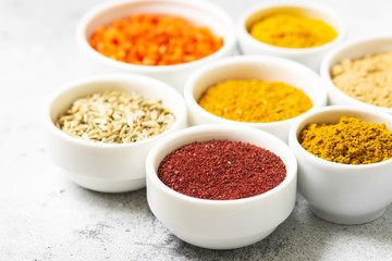 Spices and condiments in white bowls on a light gray table. Turmeric, ginger, curry, fennel and sumac in white bowls. Spices close up with space for text
