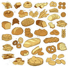 Big Collection of hand drawn bread isolated on white
