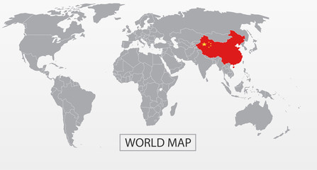Political Vector Map of the world with clear borders with highlighted China with flag. Each country is isolated and selectable. Suitable for reports, statistics, infographics, templates. Silhouette