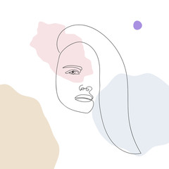 Line art continuous drawing, woman portrait with abstract elements and shapes. Vector illustration