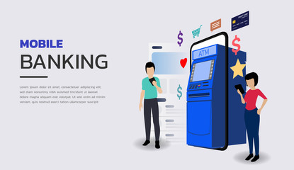 Landing page template of mobile banking illustration