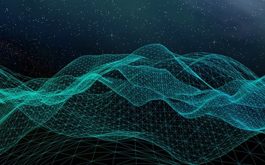 Abstract landscape on a dark background. Cyberspace grid. hi tech network. Outer space. Starry outer space texture. 3D illustration