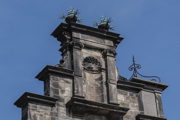 Fragments of City Hall (1618 - 1620) in Delft. City Hall in Delft is a Renaissance style building on the Market Square. The Netherlands.