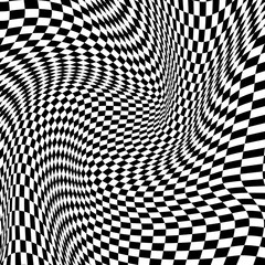 Fototapeta premium Streszczenie tło wektor zakrzywione siatki czarno-białe. Streszczenie czarno-biały wzór geometryczny z kwadratów. Kontrastowe złudzenie optyczne. Ilustracji wektorowych