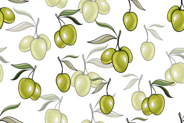 Seamless pattern with green olive tree branches on white background. Hand drawn. For the design natural organic cosmetics, wrapping paper, soap, olive oil. Vector stock illustration.