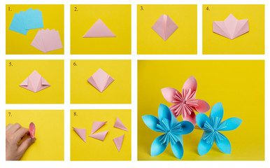 Fototapeta na wymiar Step-by-step photo instructions on how to make a flower out of paper using the origami technique. DIY concept. Children's gift for mom on Mother's Day or International Women's Day.