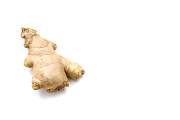 A peace of ginger root (Zingiber officinale Roscoe) on white background.