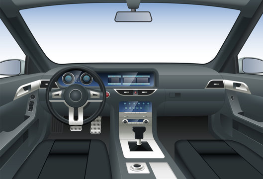 Vector car interior. View from driver's seat at steering wheel, car dashboard with multimedia screen, gear lever, windshield with rear view mirrors. Vector illustration