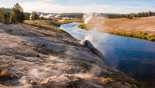 Geysers and Steam Vents Beside The Firehole River, Upper Geyser Basin, Yellowstone national Park, Wyoming, USA