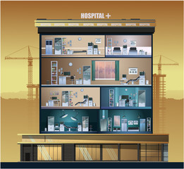 A hospital where doctors' offices are visible. Evening landscape. Vector graphics.