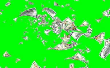Fototapeta premium Flying dollars banknotes isolated on chromakey. Money is flying in the air. 100 US banknotes new sample. 3D illustration