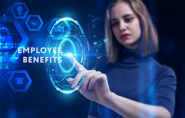 Business, Technology, Internet and network concept. Young businessman working on a virtual screen of the future and sees the inscription: Employee benefits